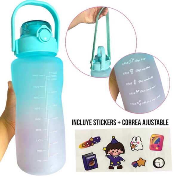 Botella Agua 2 Litros Incluye Stickers y Correa Ajustable ✨ Celeste Con Lila